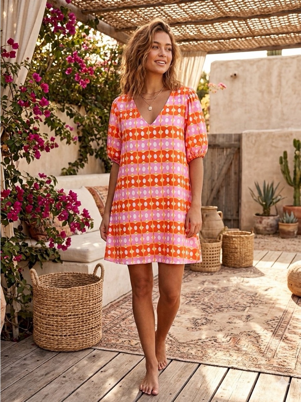 Karlie Silky Retro Floral V Neck Mini Dress